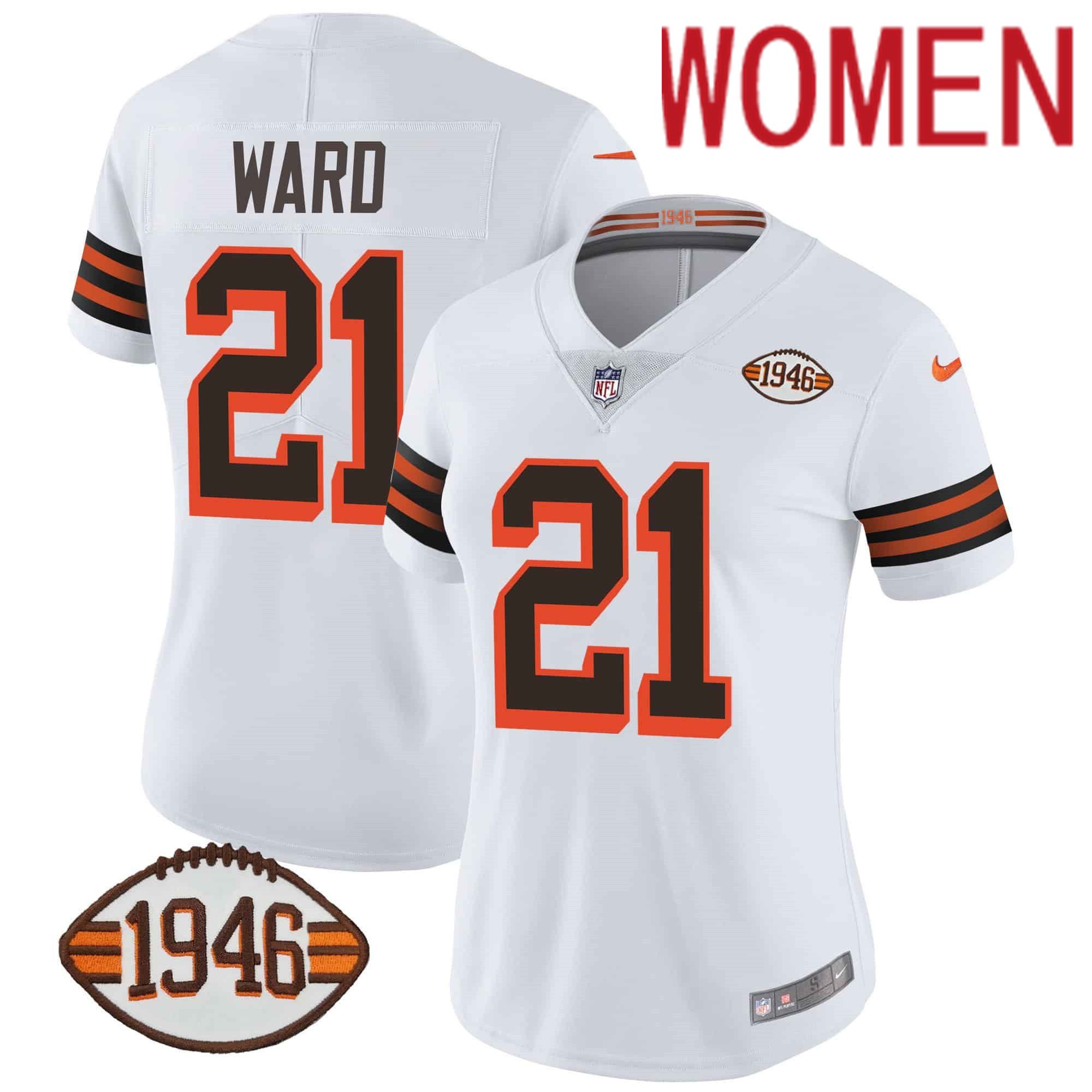 Women Cleveland Browns #21 Ward White 1946 75th Anniversary Patch 2024 Nike NFL Jersey->women nfl jersey->Women Jersey